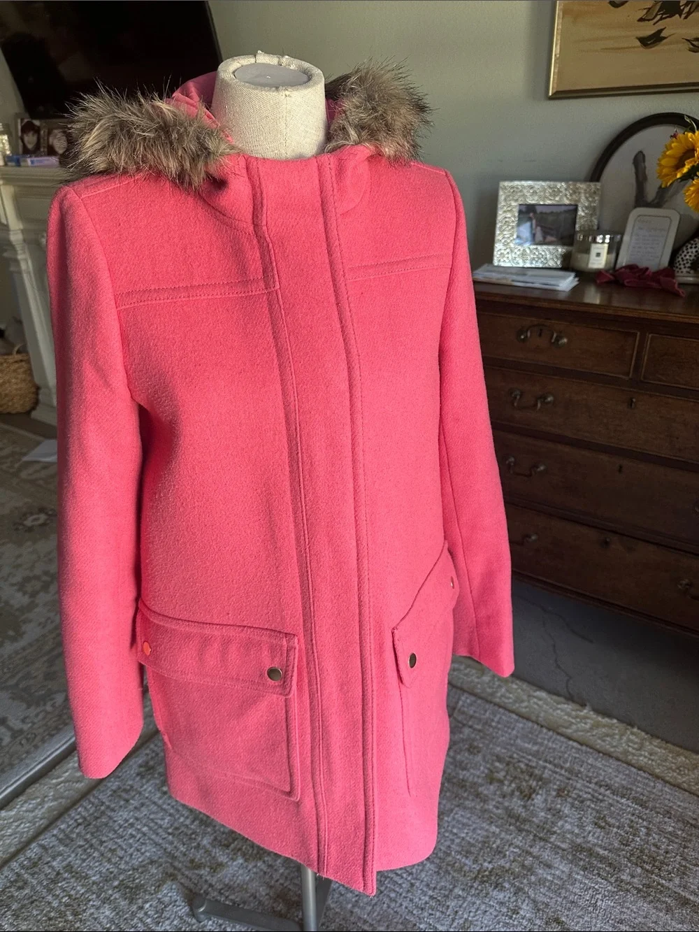 J. Crew Pink Hooded Wool-Blend Trench Coat with Faux Fur Trim